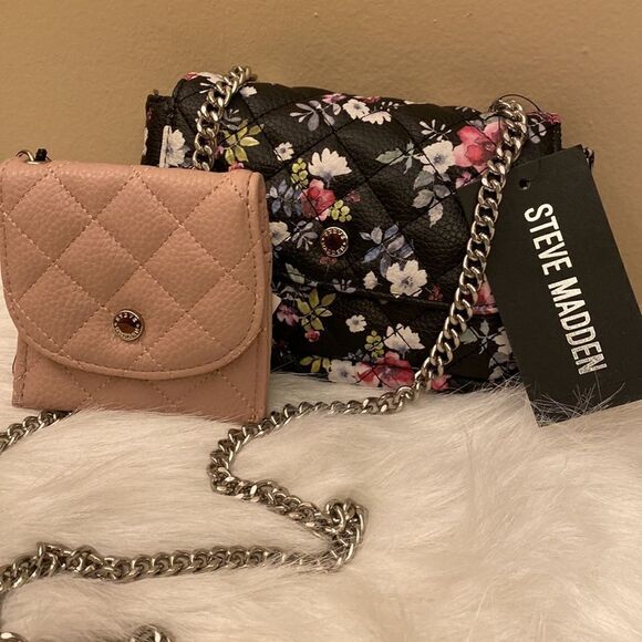 NWT Steve Madden Black Floral Purse w/ Matching Mini Pouch -l - Picture 4 of 16